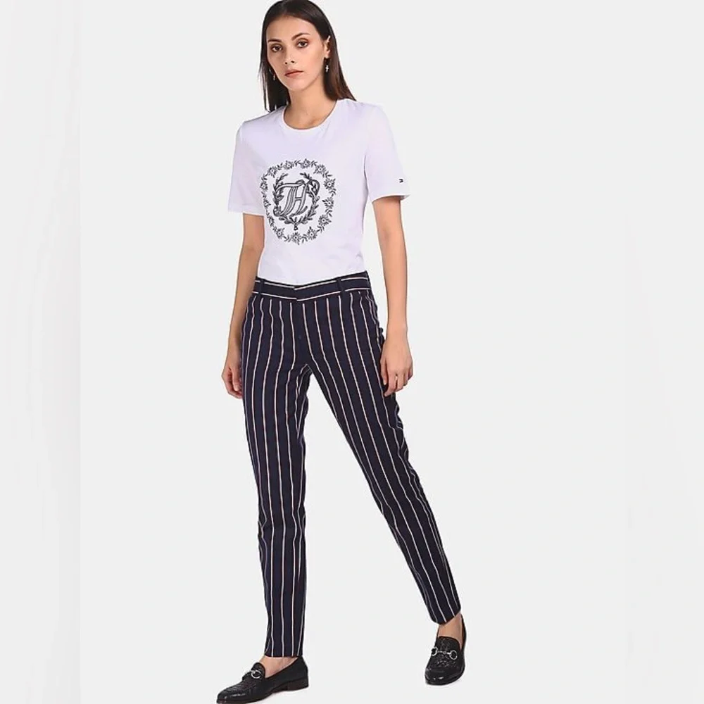 Tommy Hilfiger Striped Pants Women’s Size 10 Navy Red Cotton Stretch Trousers